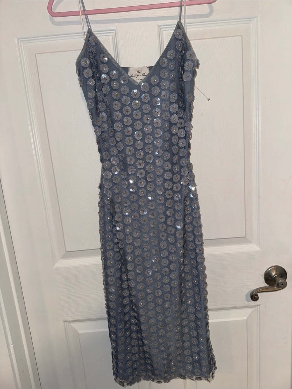 Vintage Slate Blue Sequin Floral Midi Dress new witout tag
